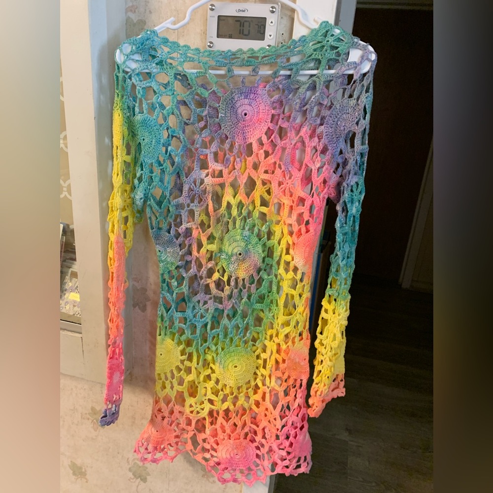 UNIF Multicolor Tie Dye Rainbow Crochet Astra Mini Dress Size S EUC - Picture 9 of 12